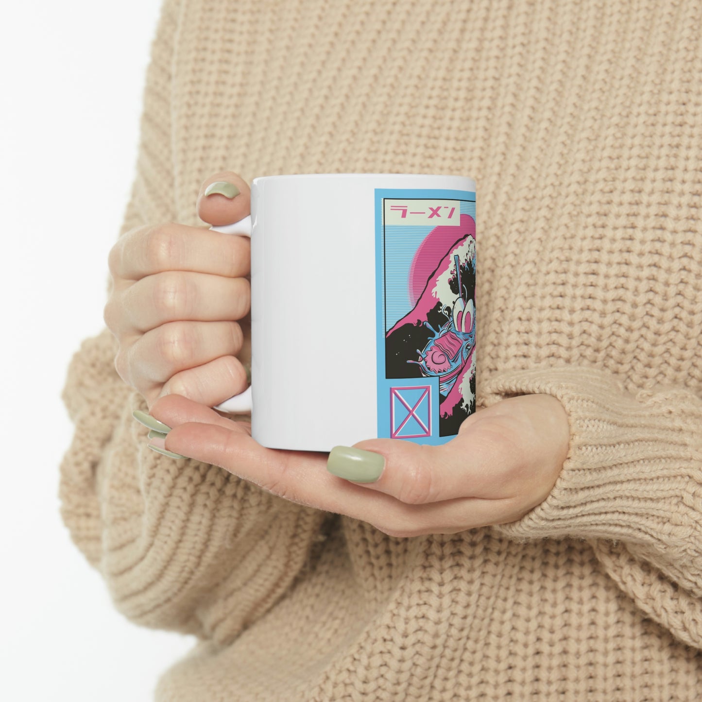 Japanese Aesthetic Ramen Wave Retrowave White Ceramic Mug 11oz