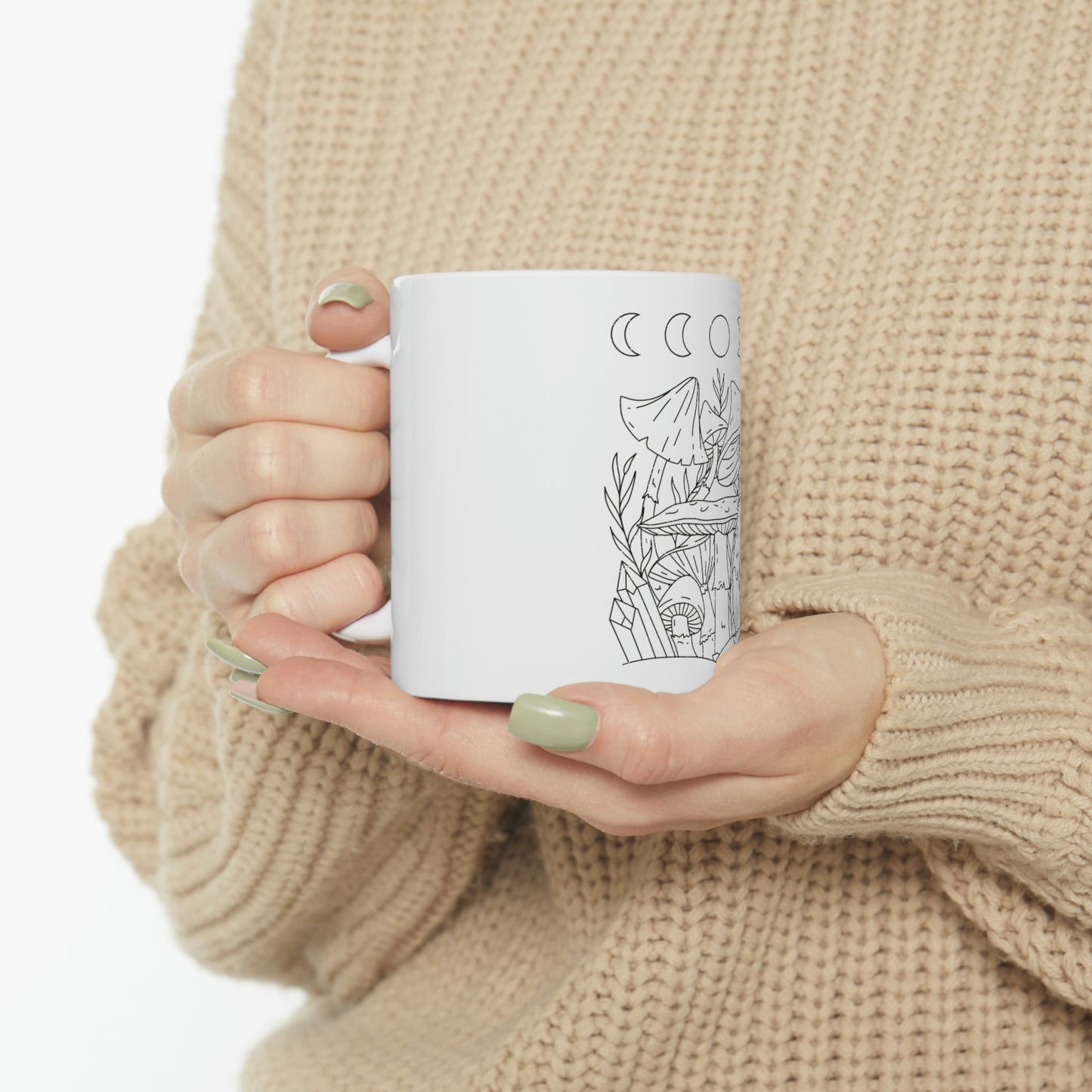 Cottagecore Mushroom Moon Phases Line Art White Mug
