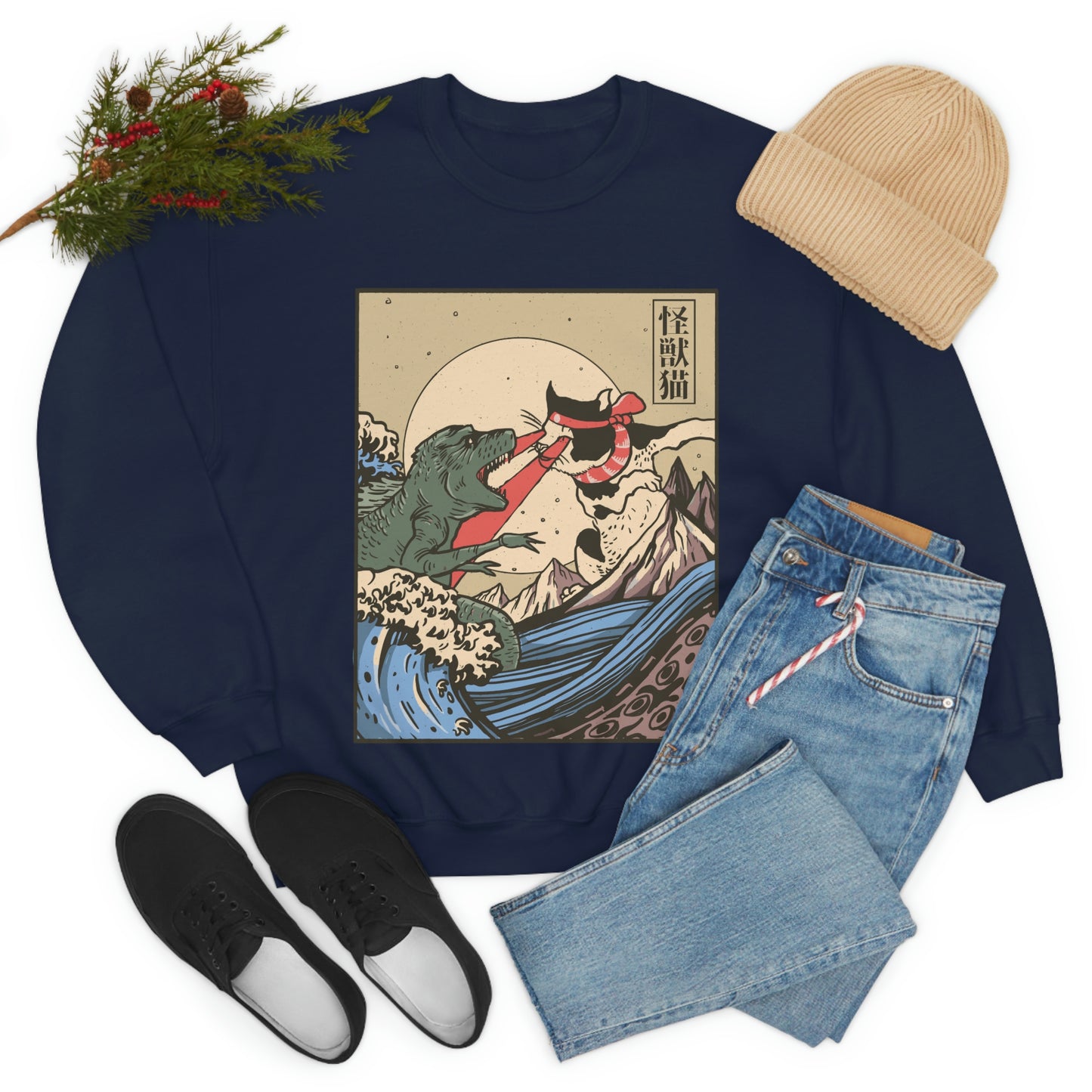 Indie Japanese Art Kaiju Vs Cat Sweatshirt