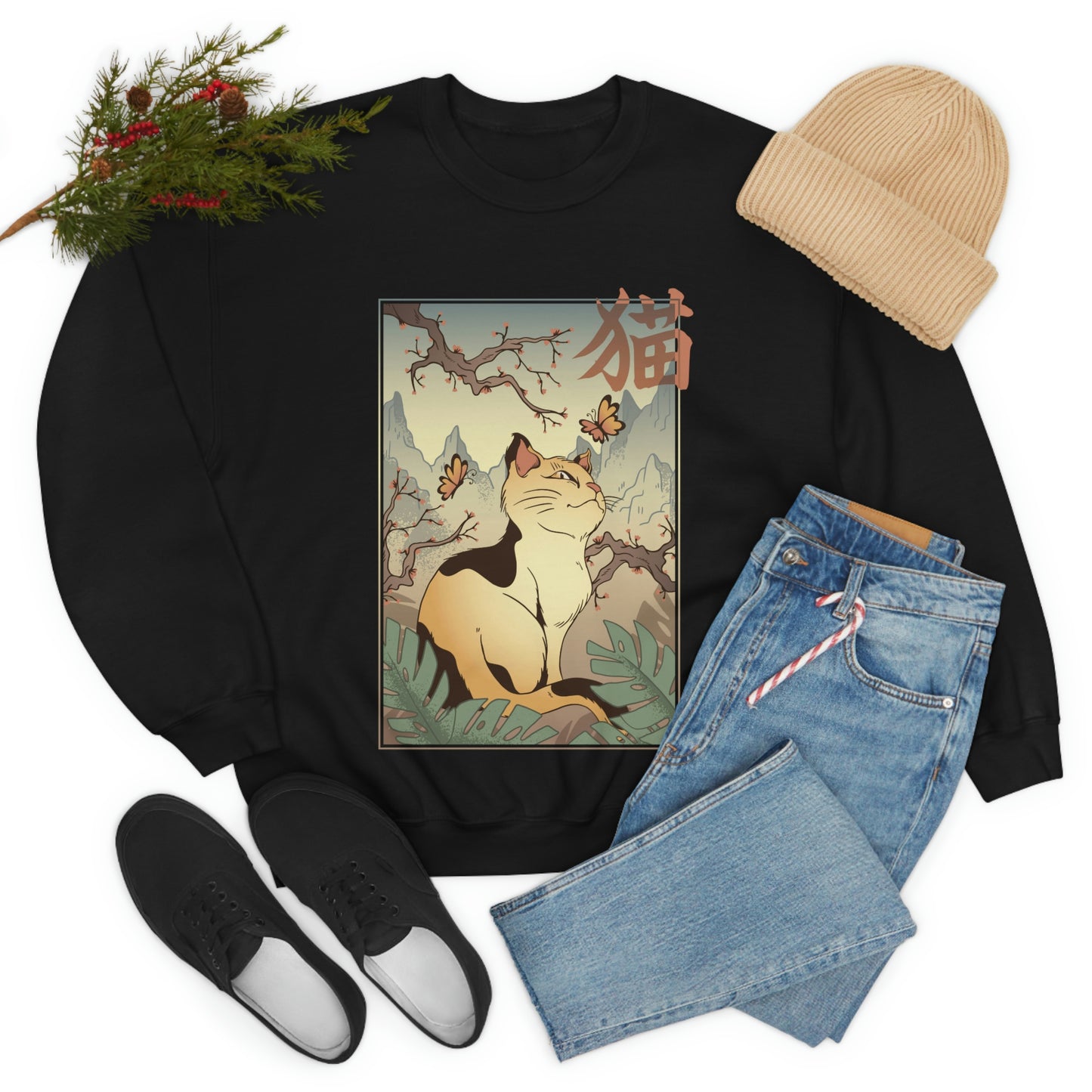 Indie Japanese Art Retro, Japanese Aesthetic Cat Sweatshirt