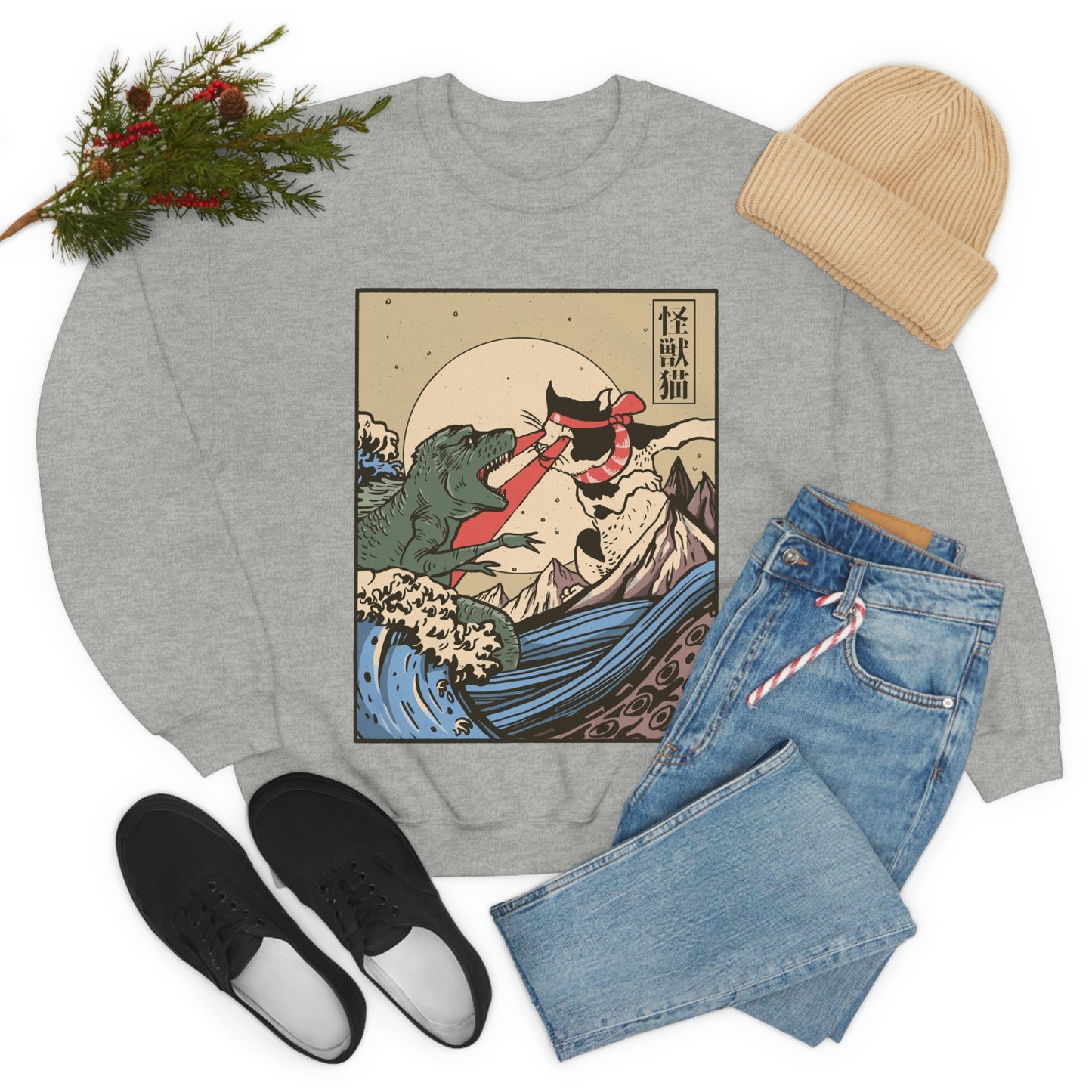 Indie Japanese Art Kaiju Vs Cat Sweatshirt