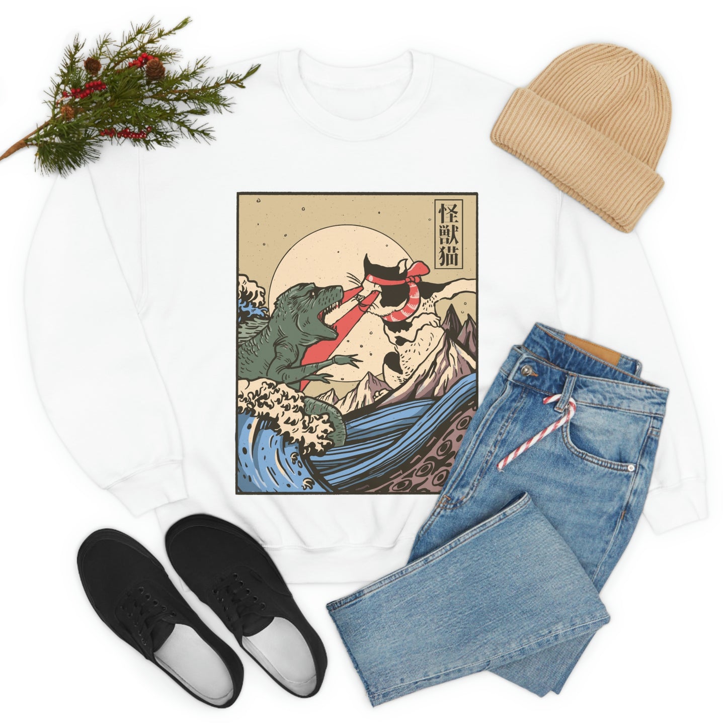 Indie Japanese Art Kaiju Vs Cat Sweatshirt