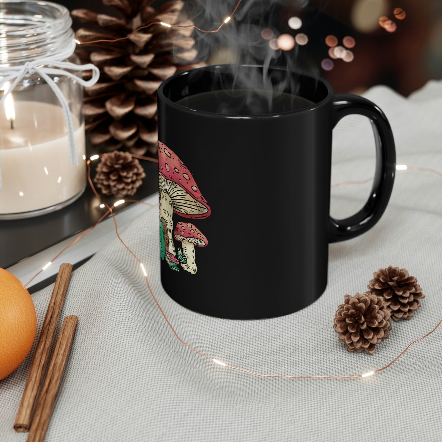Cottagecore Aesthetic Mushrooms and Frog Cartoon Dark Mug