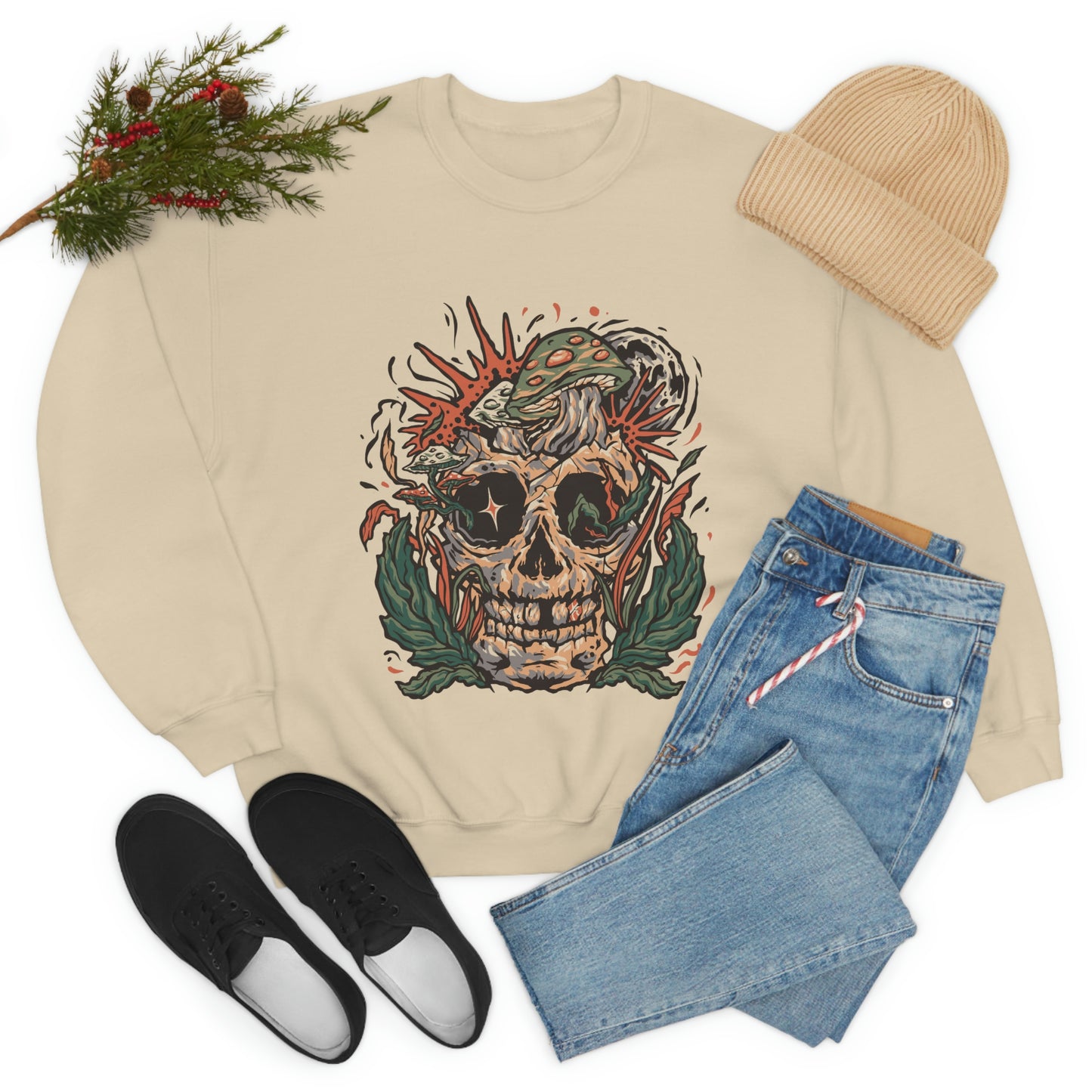 Cottagecore Skull and Mushrooms Floral Sweatshirt