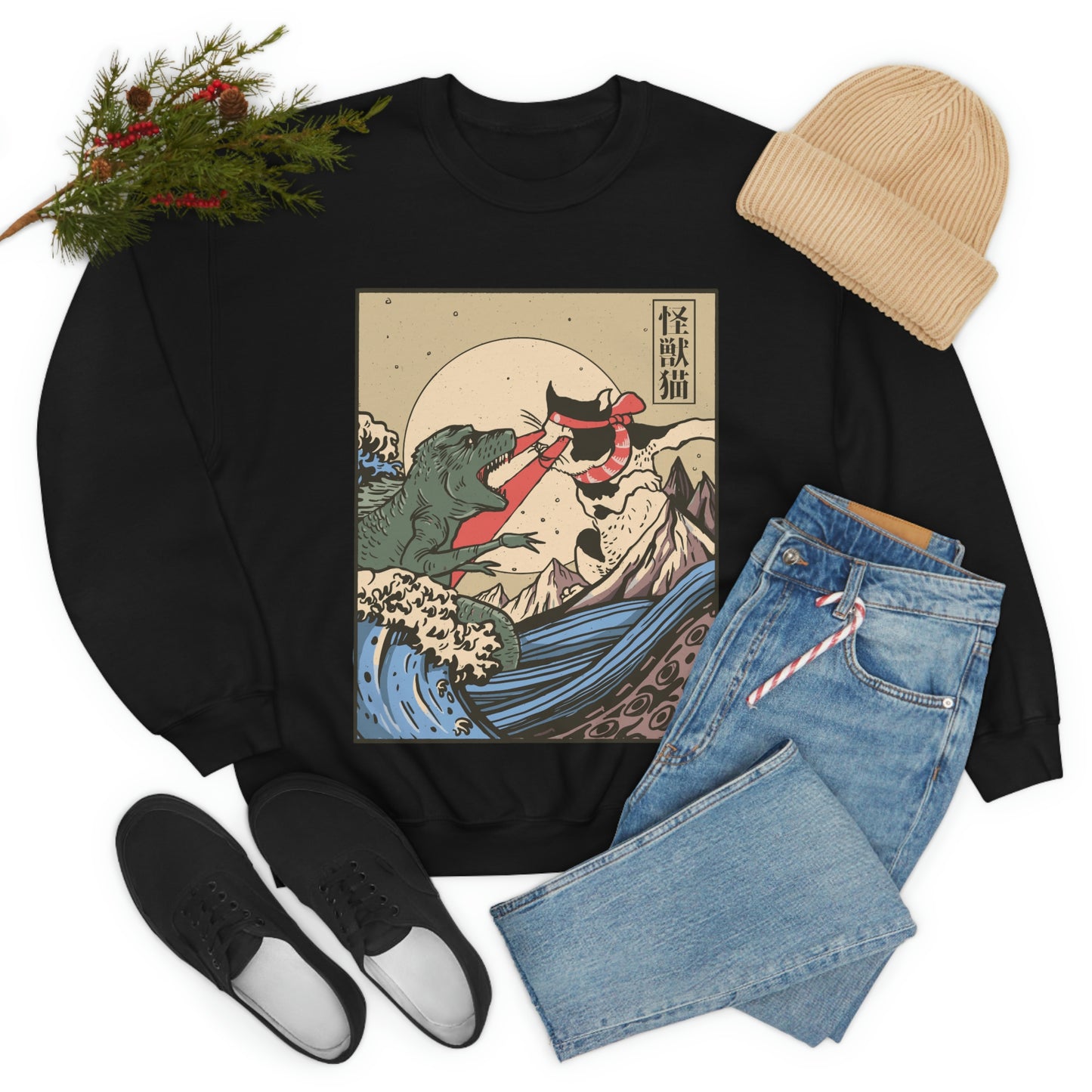 Indie Japanese Art Kaiju Vs Cat Sweatshirt