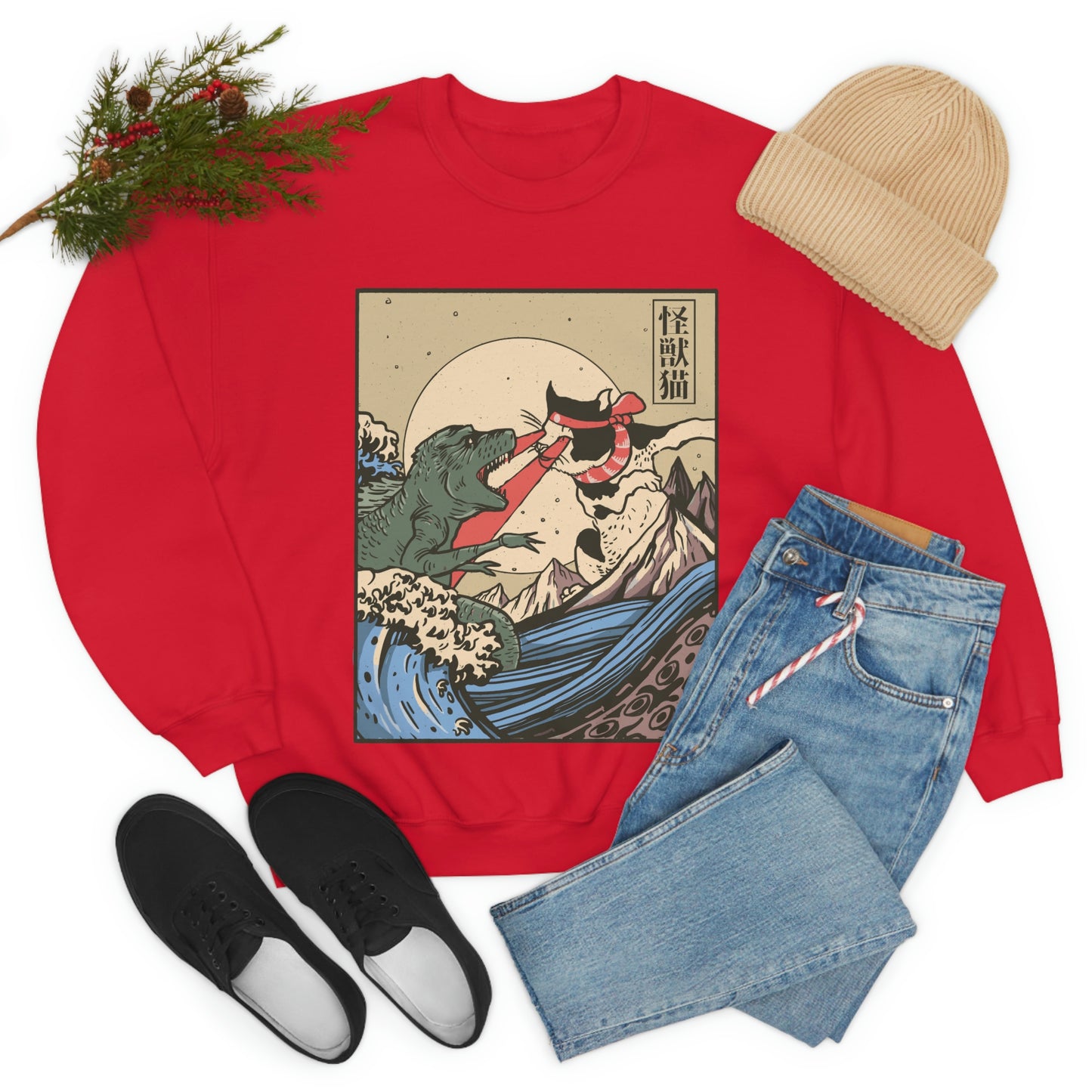Indie Japanese Art Kaiju Vs Cat Sweatshirt
