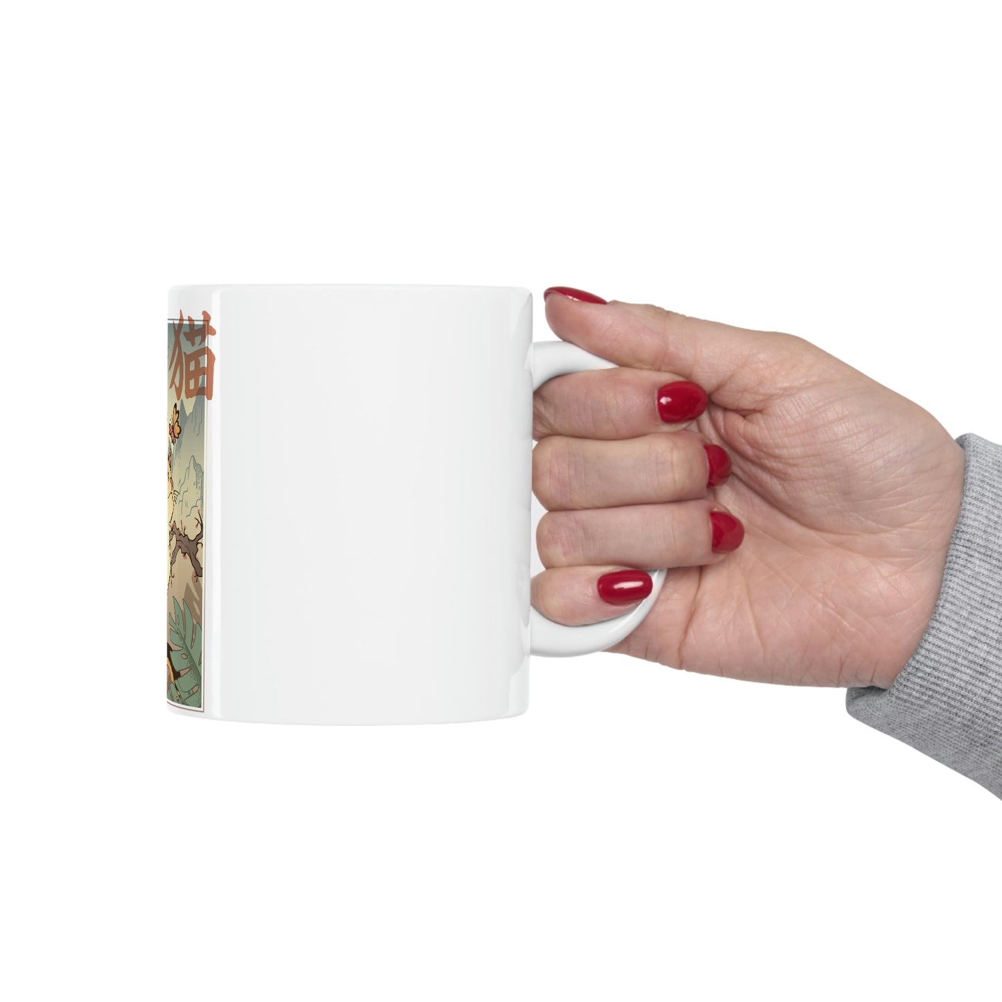 Indie Japanese Art Retro, Japanese Aesthetic Cat White Ceramic Mug 11oz