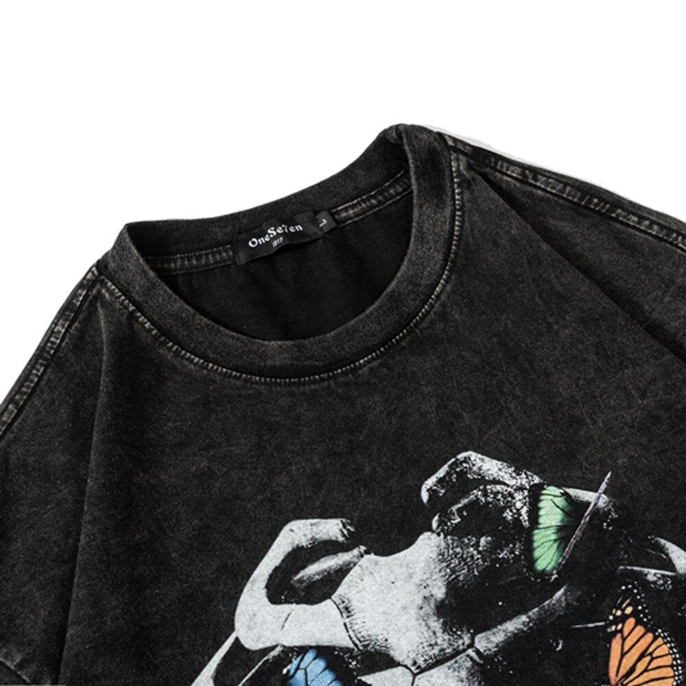 Butterfly Skeleton Print Vintage Washed Y2k Oversized T Shirt