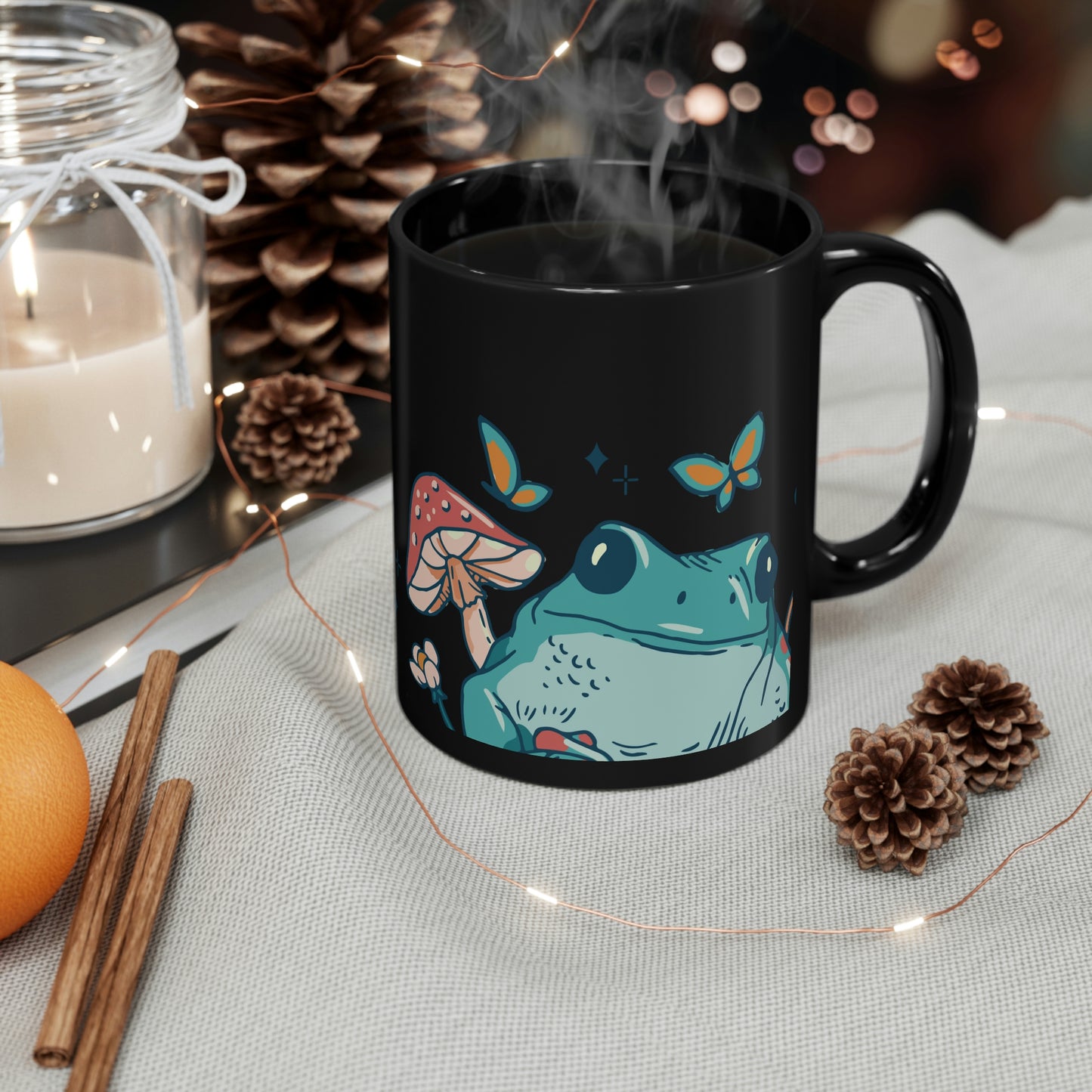 Cottagecore Aesthetic Mushrooms and Frog Dark Mug