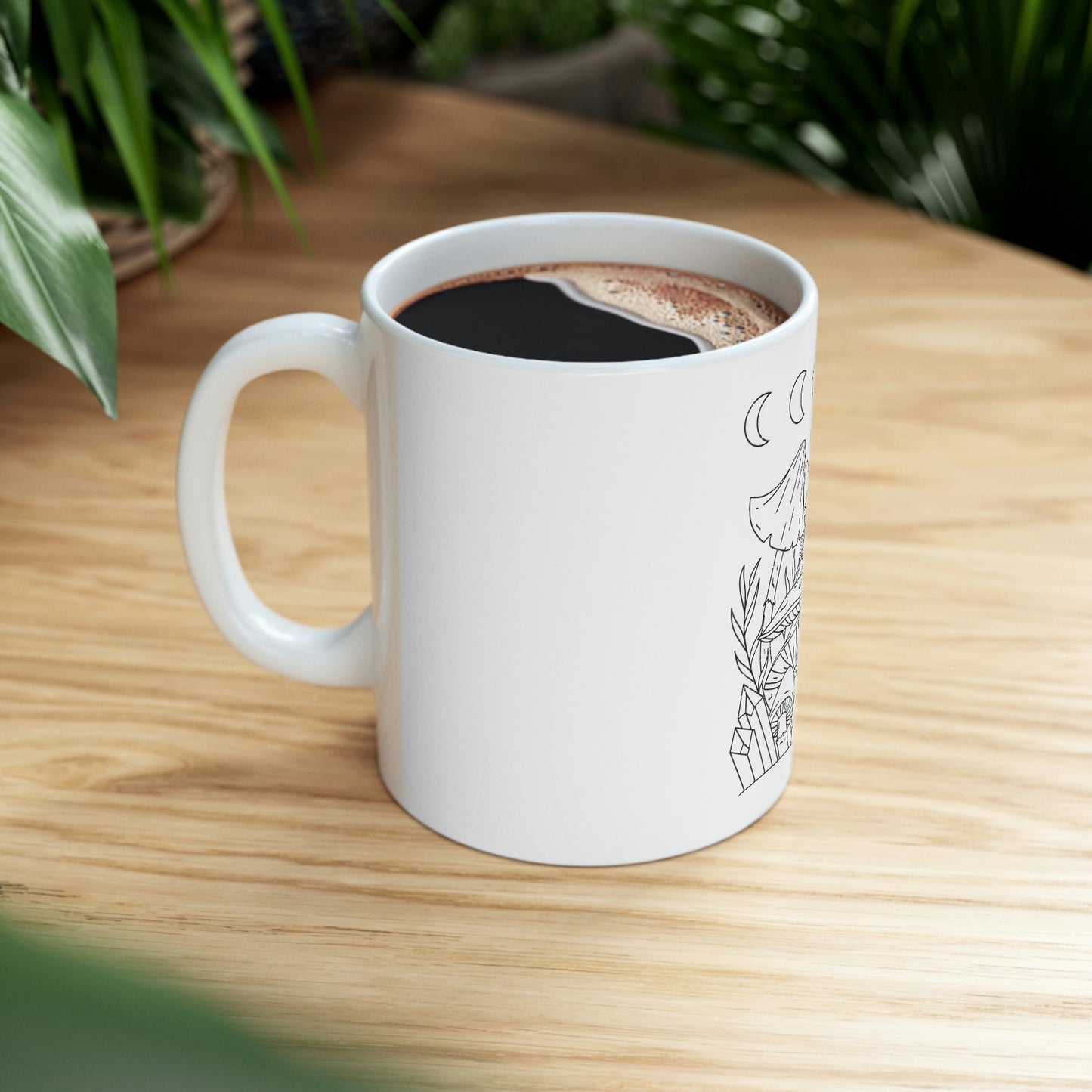 Cottagecore Mushroom Moon Phases Line Art White Mug