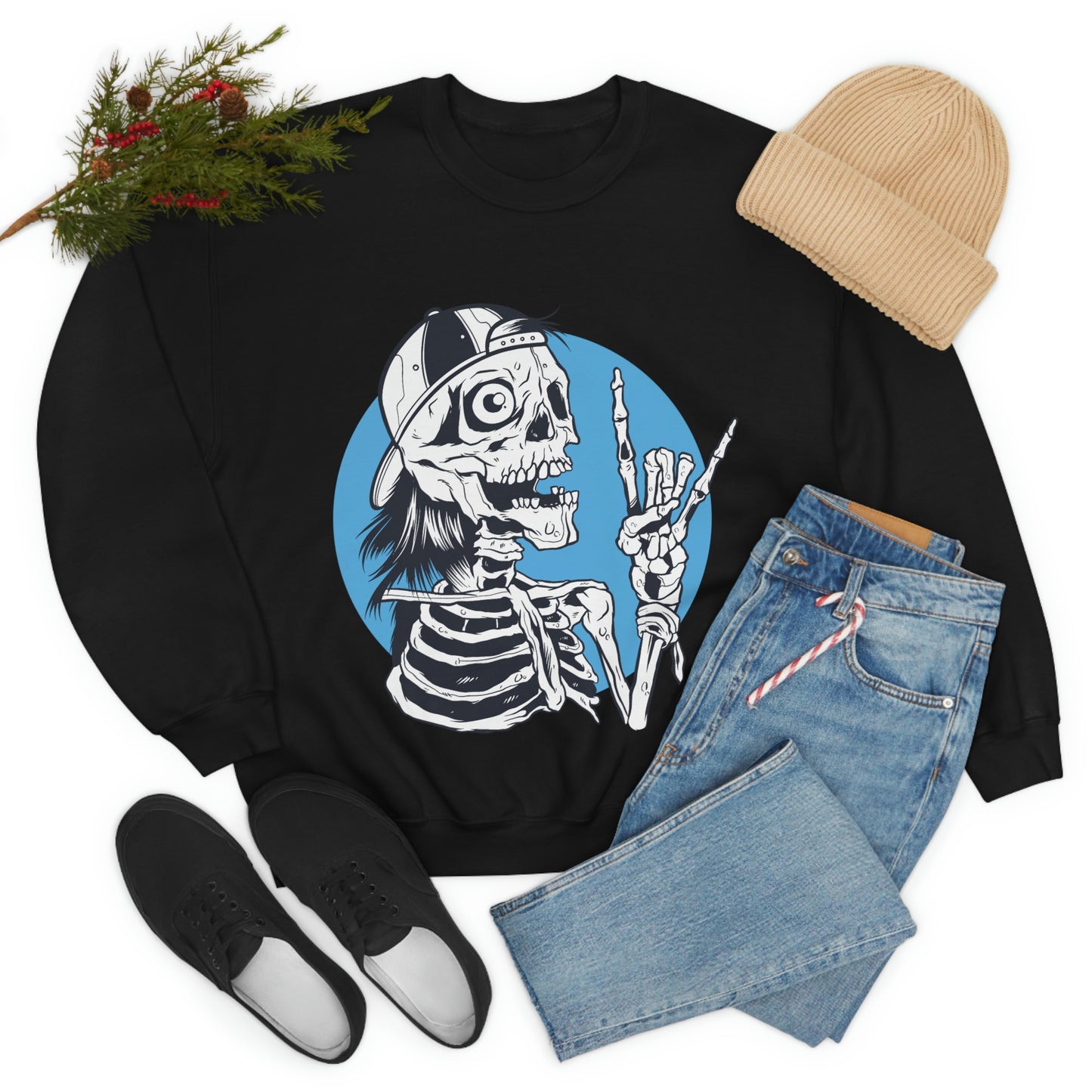 Skeleton Rock Sign Skater Sweatshirt