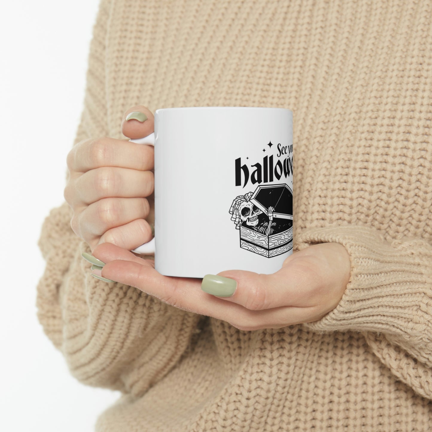See you next Halloween Skeleton In Coffin White Ceramic Mug
