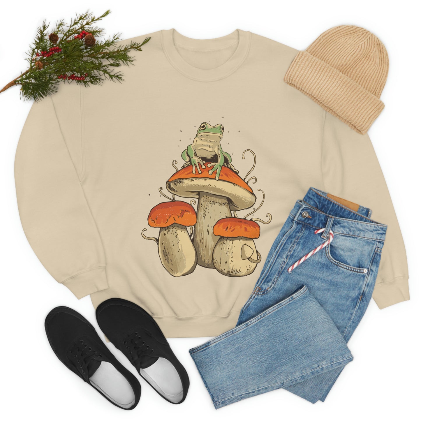 Cottagecore Aesthetic Mushrooms and Frog Sweatshirt