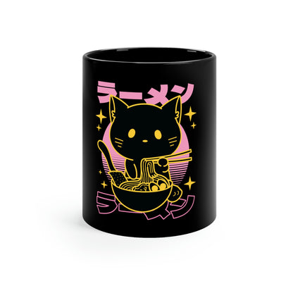 Vaporwave Cat Eating Ramen Pastel Kawaii Aesthetic, Yami Kawaii, Japanese Aesthetic Otaku 11oz Black Mug
