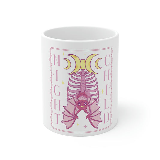 Pastel Goth NIght Child Bat Graphic, Goth Aesthetic White Ceramic Mug