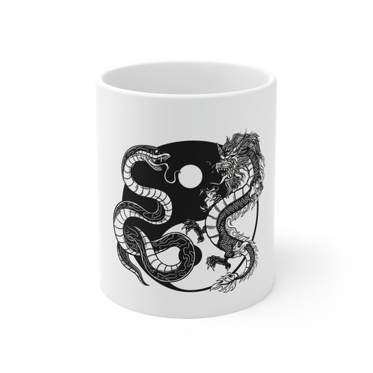 Indie Japanese Art, Japan Streeetwear Retro Ying Yang Dragons White Ceramic Mug 11oz