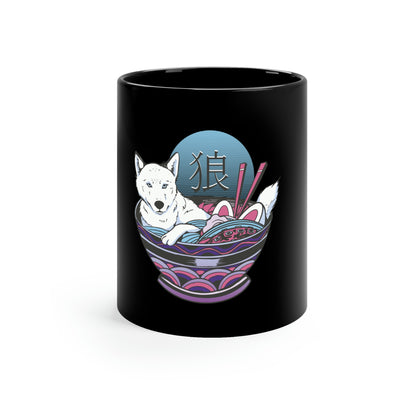 Retrowave Wolf In Ramen, Vaporwave 11oz Black Mug