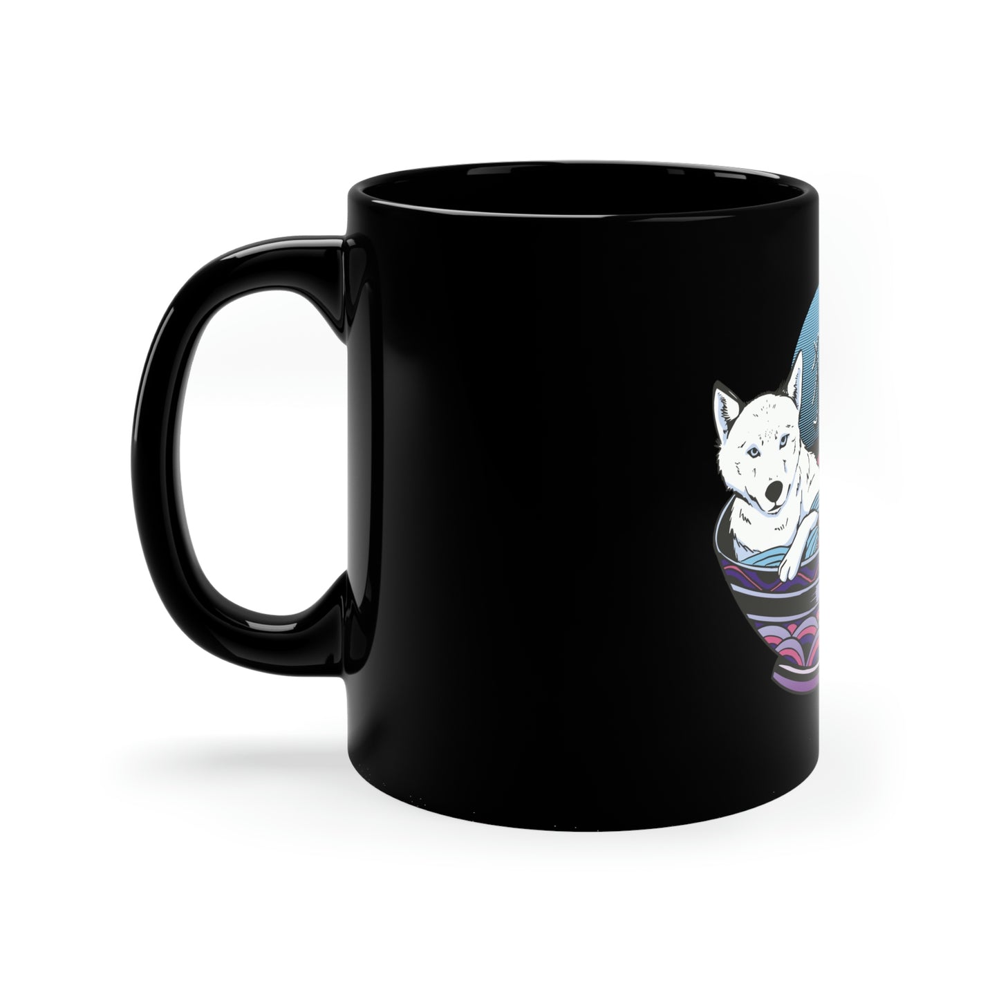 Retrowave Wolf In Ramen, Vaporwave 11oz Black Mug