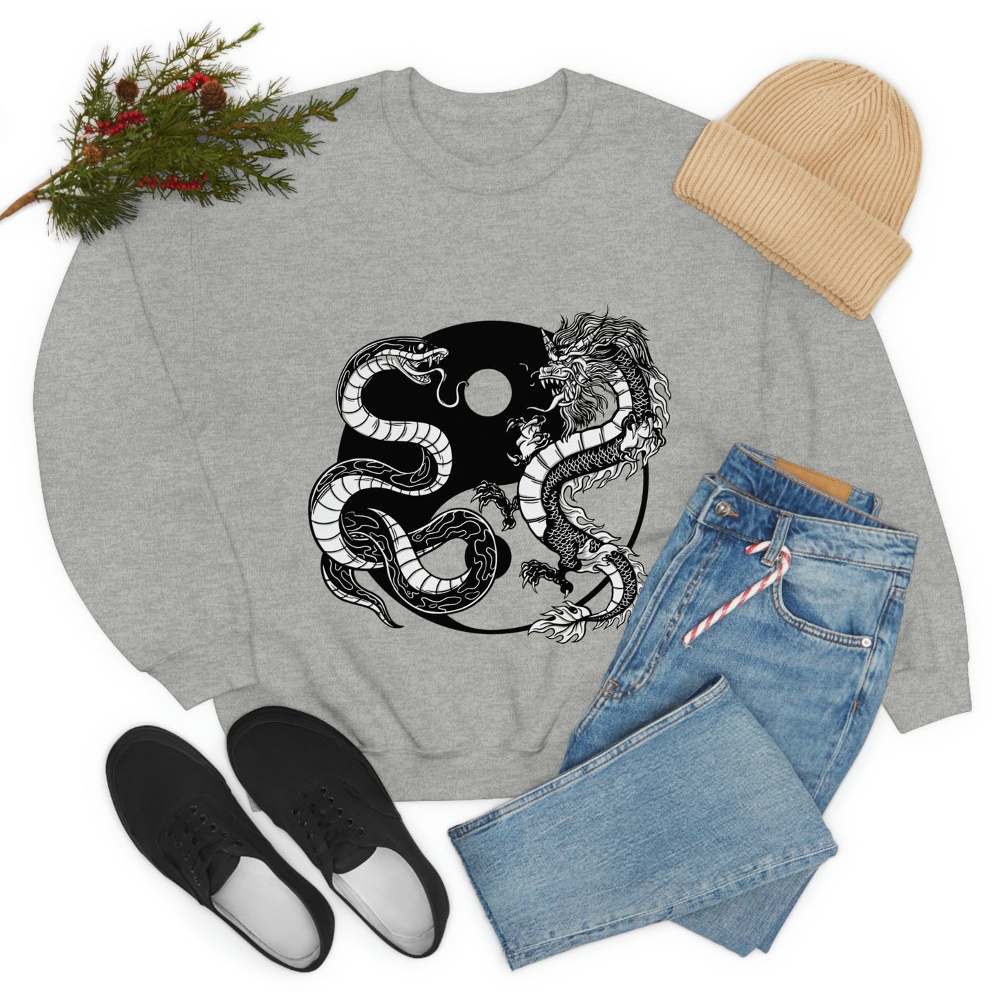 Indie Japanese Art, Japan Streeetwear Retro Ying Yang Dragons Sweatshirt