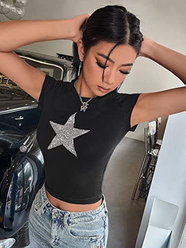 SOLY HUX Women's Summer Star Print Cap Sleeve Tee T Shirts Casual Crop Tops