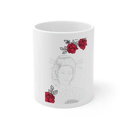 Indie Art Japanese Aesthetic Line Art Geisha White Ceramic Mug 11oz