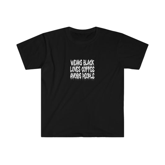 Wears black Loves Coffee Avoid People Goth Y2k Clothing Alt Aesthetic Goth Punk T-Shirt
