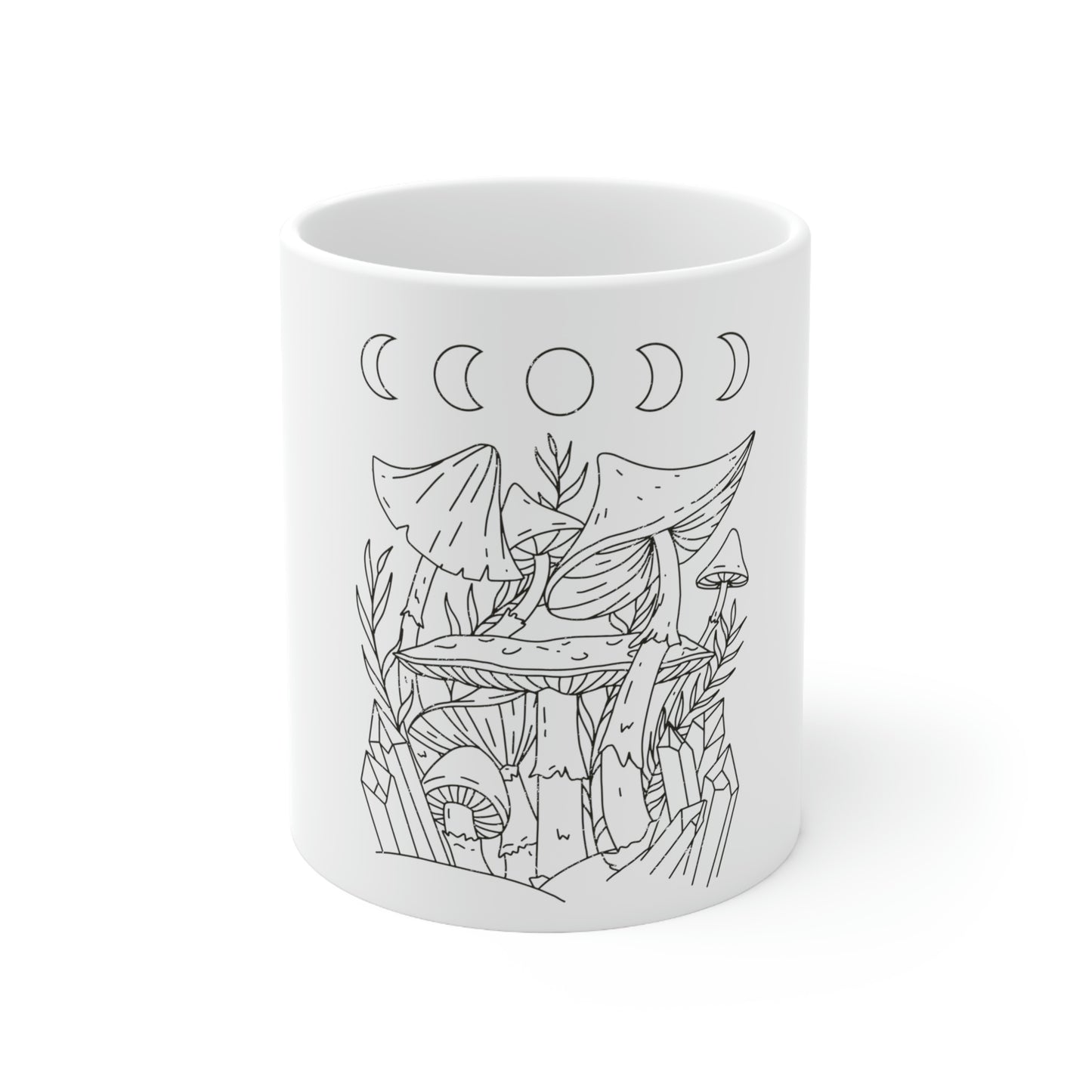 Cottagecore Mushroom Moon Phases Line Art White Mug