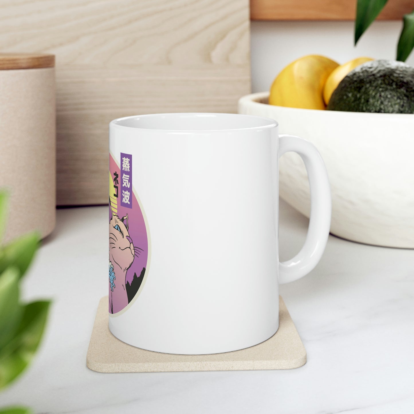 Japan Streeetwear Retrowave Vaporwave Cat White Ceramic Mug 11oz