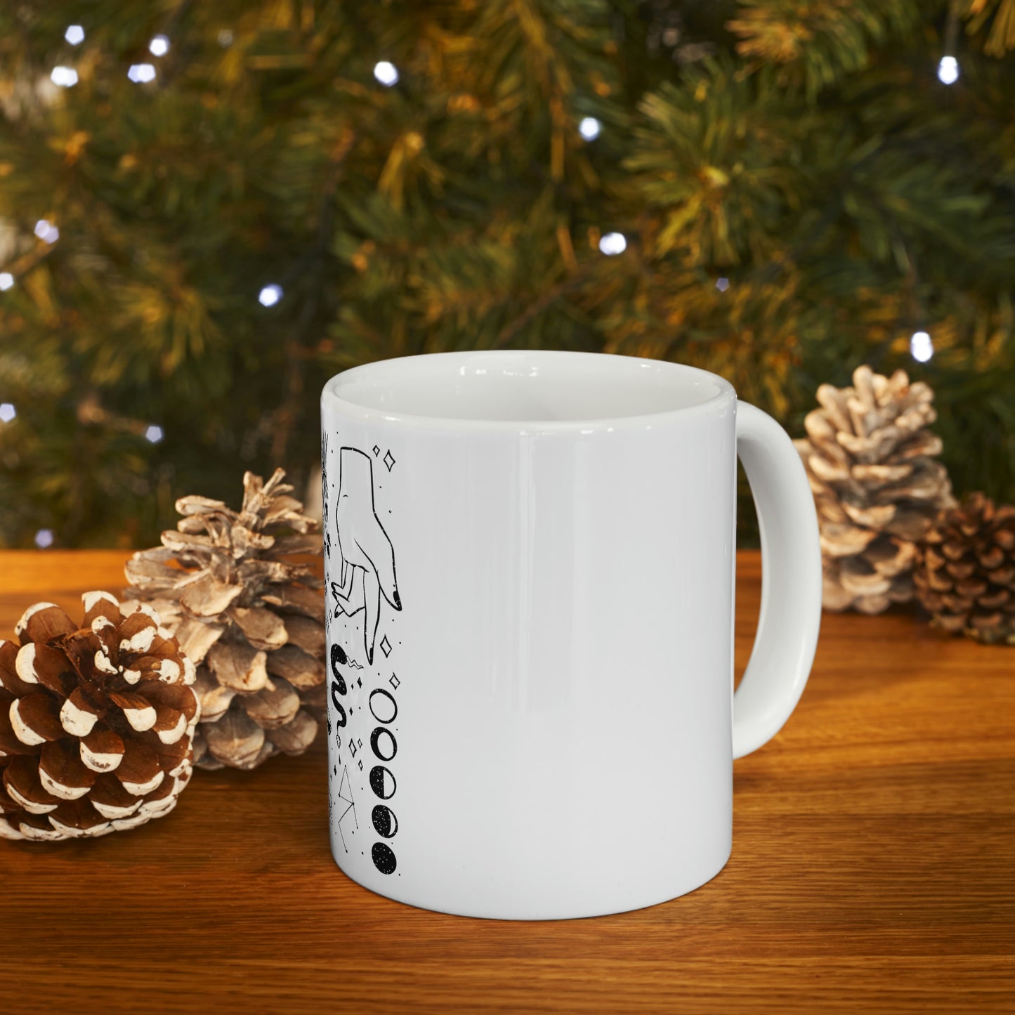 Magic Elements Line Art, Goth Aesthetic White Ceramic Mug