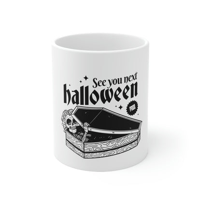See you next Halloween Skeleton In Coffin White Ceramic Mug