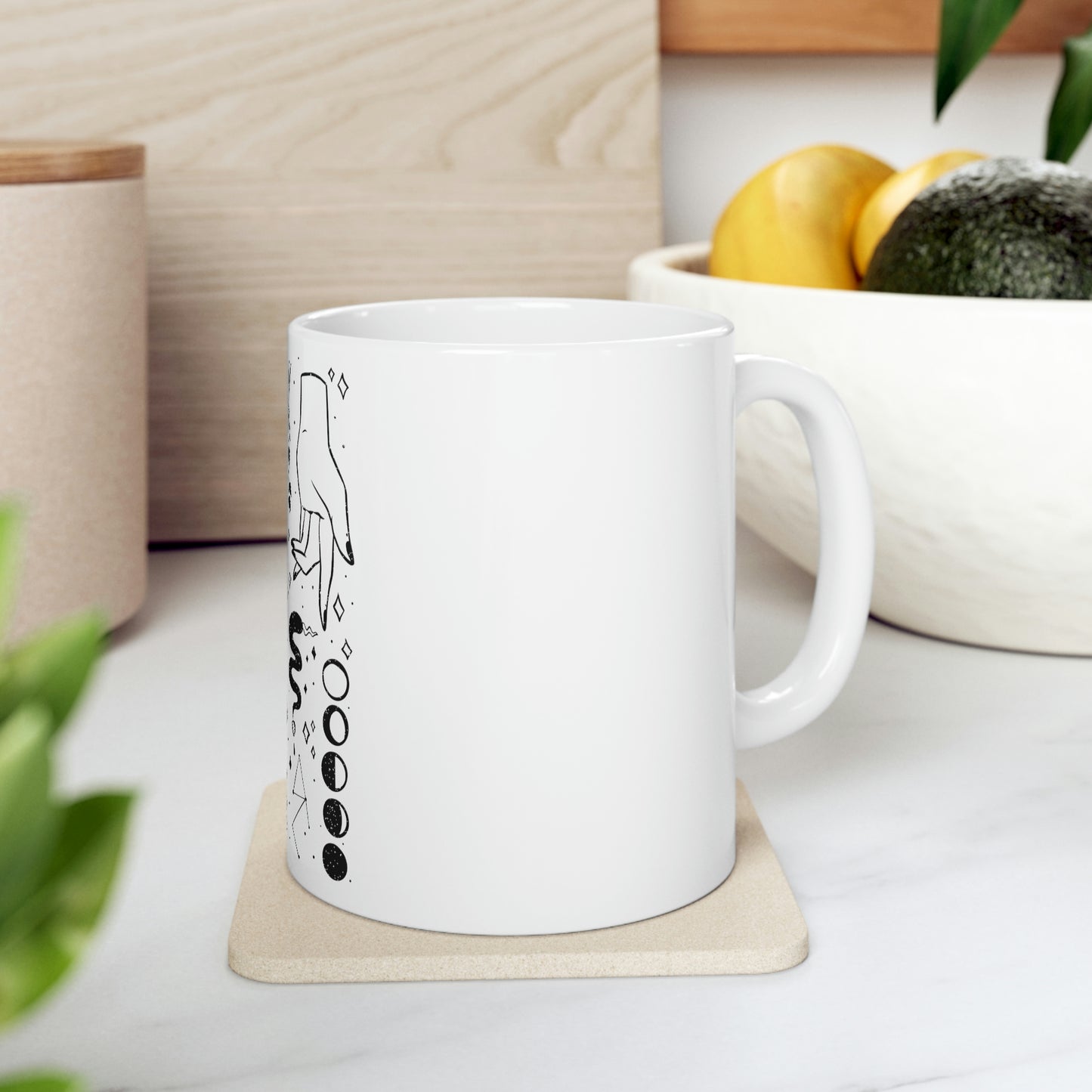 Magic Elements Line Art, Goth Aesthetic White Ceramic Mug