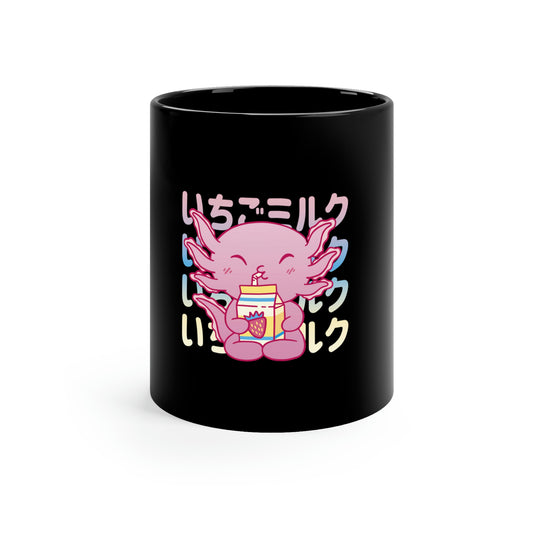 Cute Axolotl Drinking Strawberry Milk Pastel Kawaii Aesthetic, Yami Kawaii, Japanese Aesthetic Otaku 11oz Black Mug