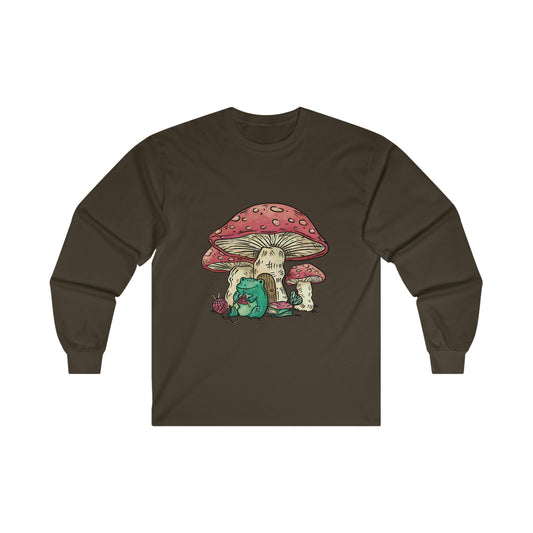Cottagecore Aesthetic Mushrooms and Frog Cartoon Long Sleeve Shirt