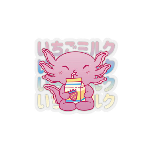 Cute Axolotl Drinking Strawberry Milk Pastel Kawaii Aesthetic, Yami Kawaii, Japanese Aesthetic Otaku Sticker