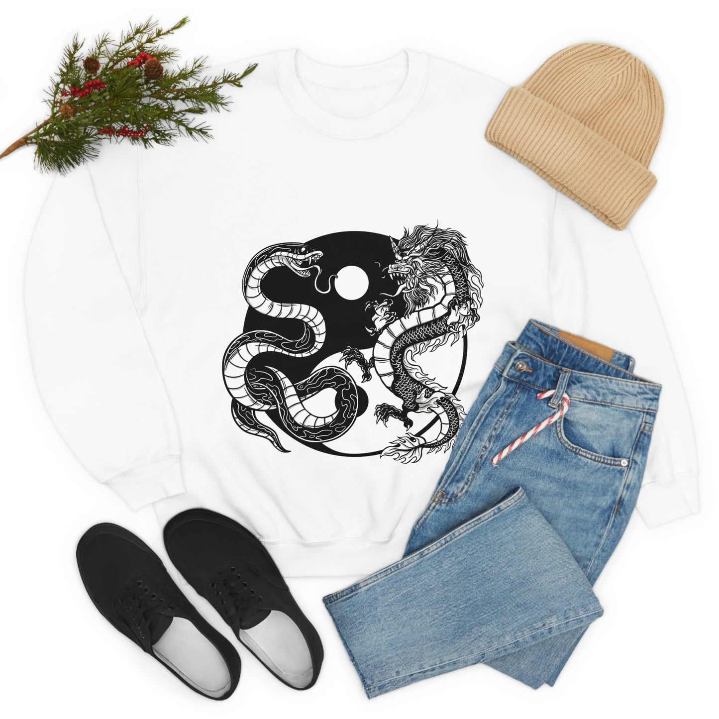 Indie Japanese Art, Japan Streeetwear Retro Ying Yang Dragons Sweatshirt