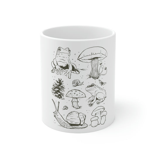 Cottagecore Aesthetic Mushrooms and Frog Hand Drawn White Mug