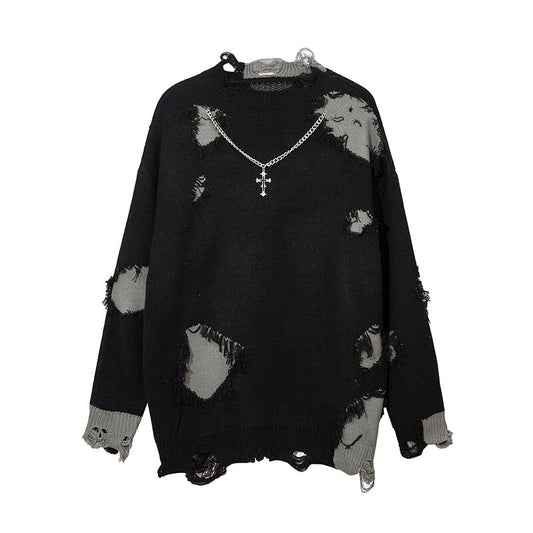 Cross Necklace Ripped Holes Sweater Oversize Streetwear