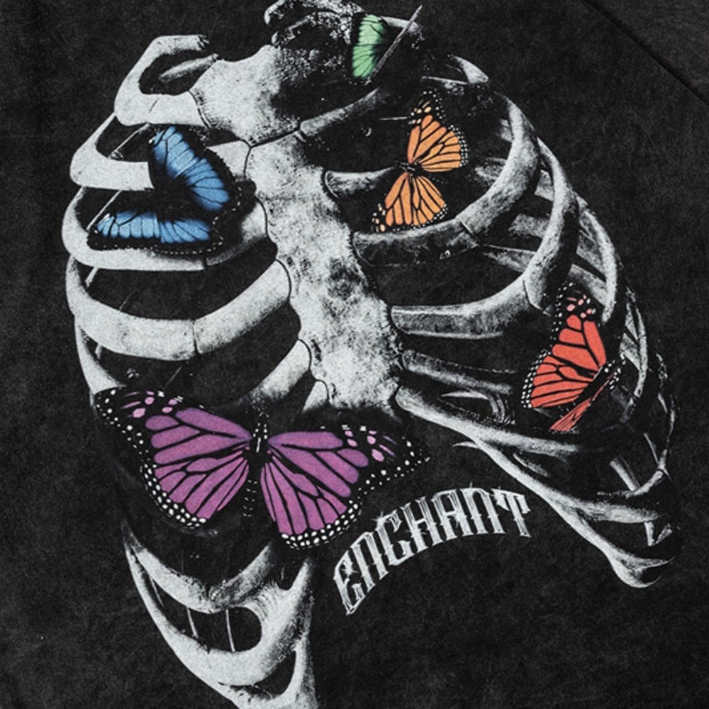 Butterfly Skeleton Print Vintage Washed Y2k Oversized T Shirt