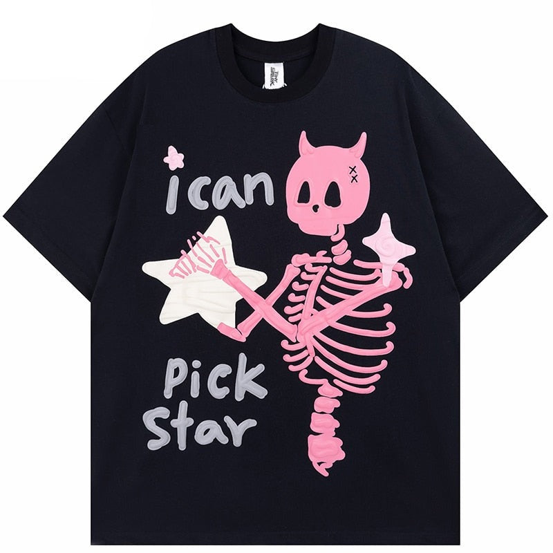 Streetwear Skeleton Stars Graphic T-Shirt