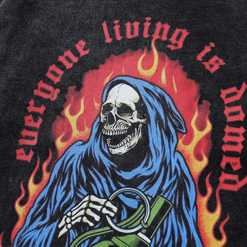 Skulls Flame Grenade Print Oversized T-shirt Y2k Long Sleeve