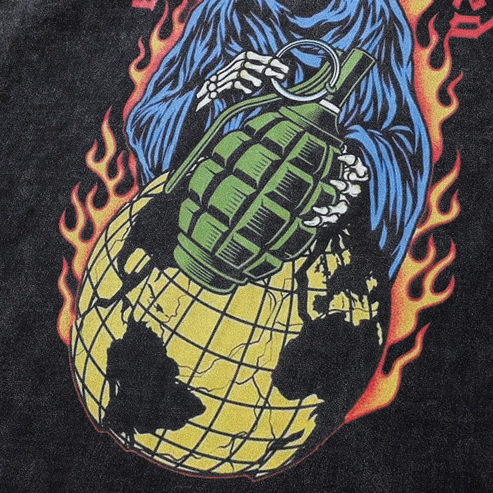 Skulls Flame Grenade Print Oversized T-shirt Y2k Long Sleeve