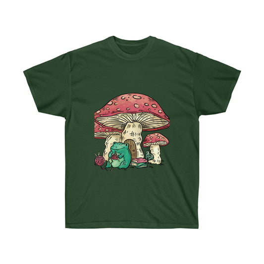 Cottagecore Aesthetic Mushrooms and Frog Cartoon T-Shirt