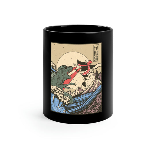 Indie Japanese Art Kaiju Vs Cat 11oz Black Mug