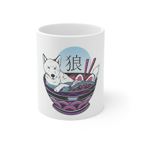Retrowave Wolf In Ramen, Vaporwave White Ceramic Mug 11oz