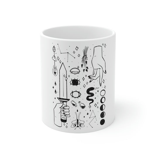 Magic Elements Line Art, Goth Aesthetic White Ceramic Mug