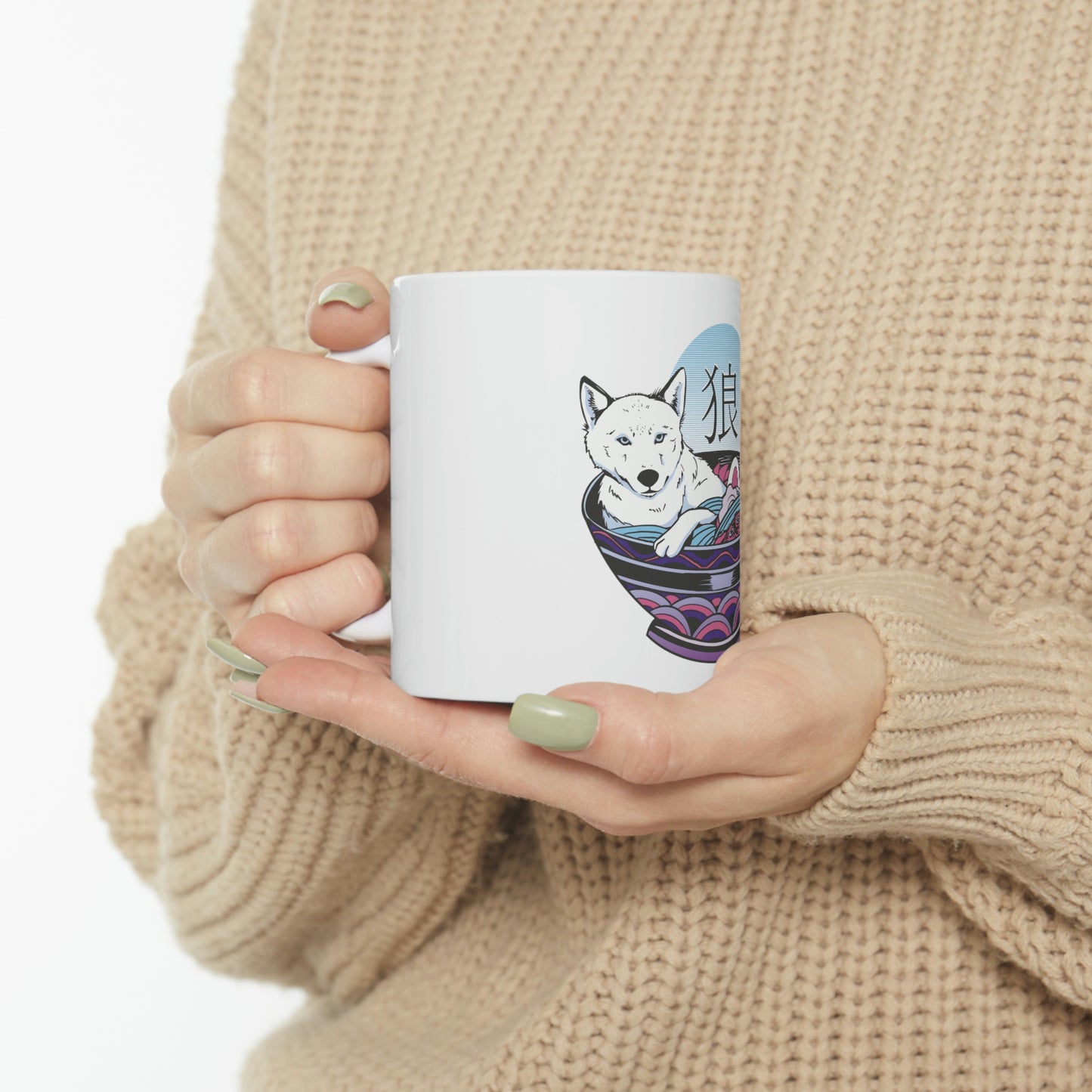 Retrowave Wolf In Ramen, Vaporwave White Ceramic Mug 11oz