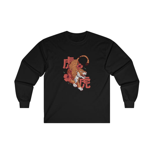 Japanese Aesthetic Tiger and Flowers Long Sleeve T-Shirt