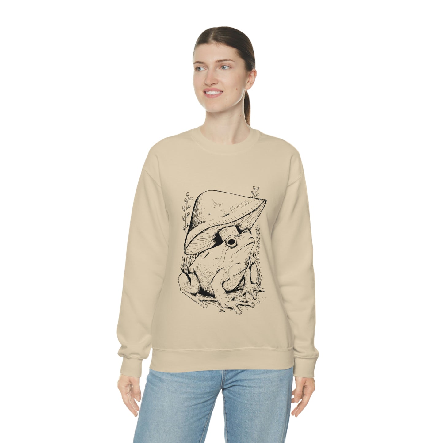 Cottagecore Aesthetic Mushrooms and Frog Hand Drawn Sweatshirt