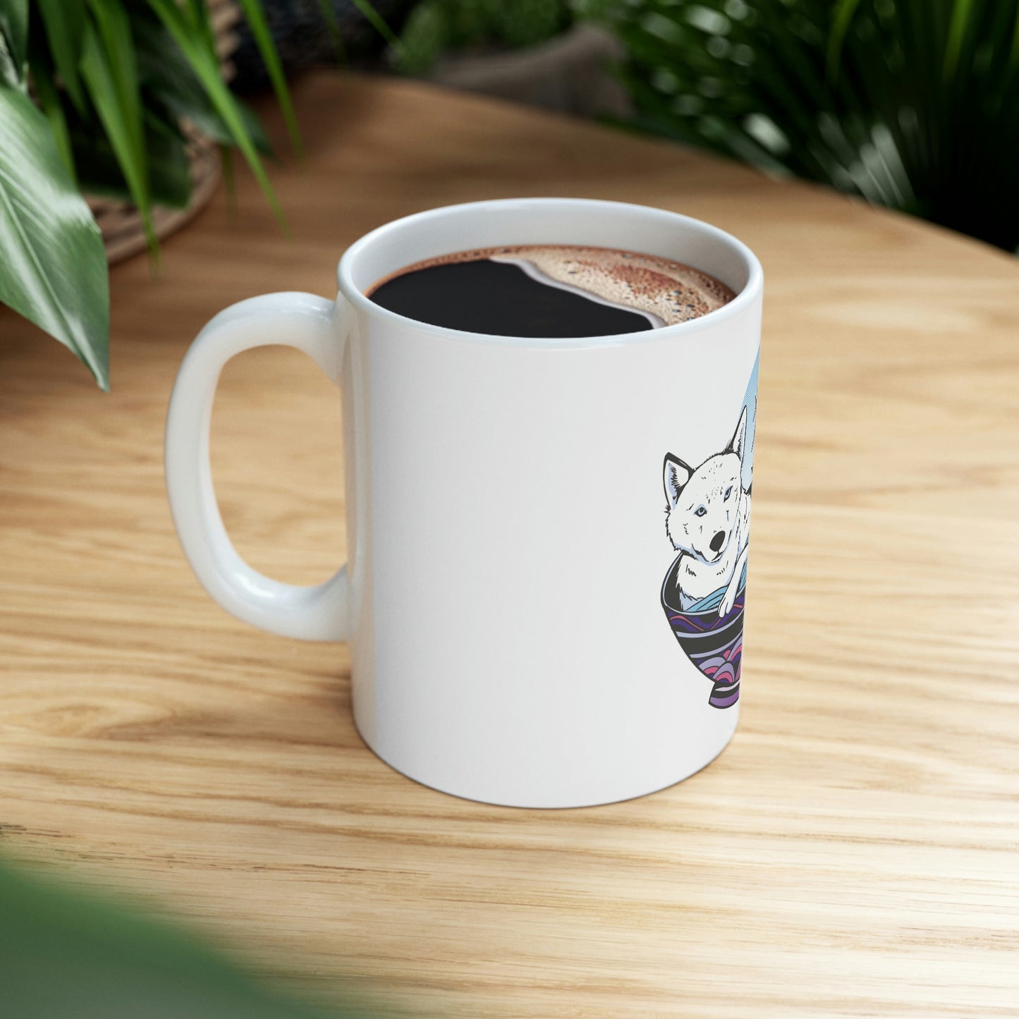 Retrowave Wolf In Ramen, Vaporwave White Ceramic Mug 11oz