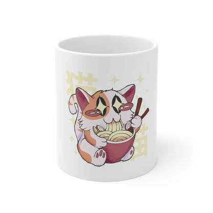 Cute Cat Eating Ramen Pastel Kawaii Aesthetic, Yami Kawaii, Japanese Aesthetic Otaku White Ceramic Mug 11oz